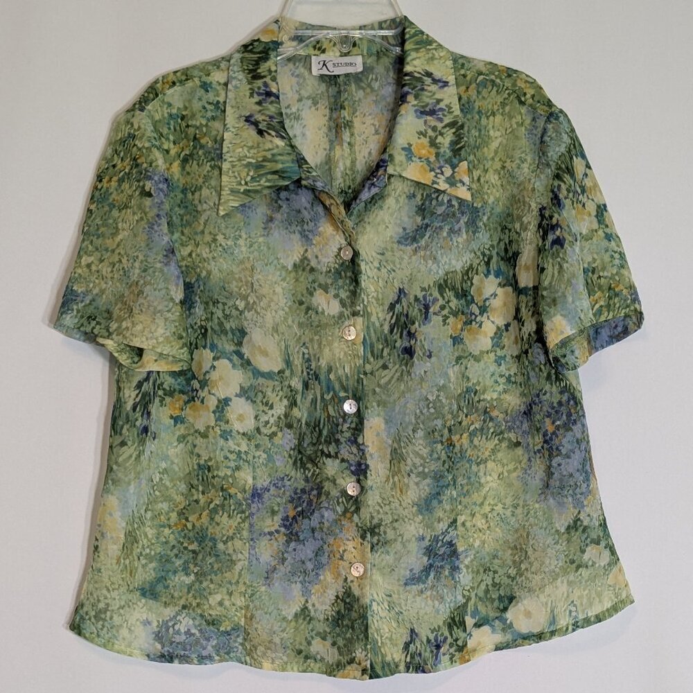 K STUDIO, 90's Green Floral Short Sleeve Sheer Chiffon Button Top; Size L